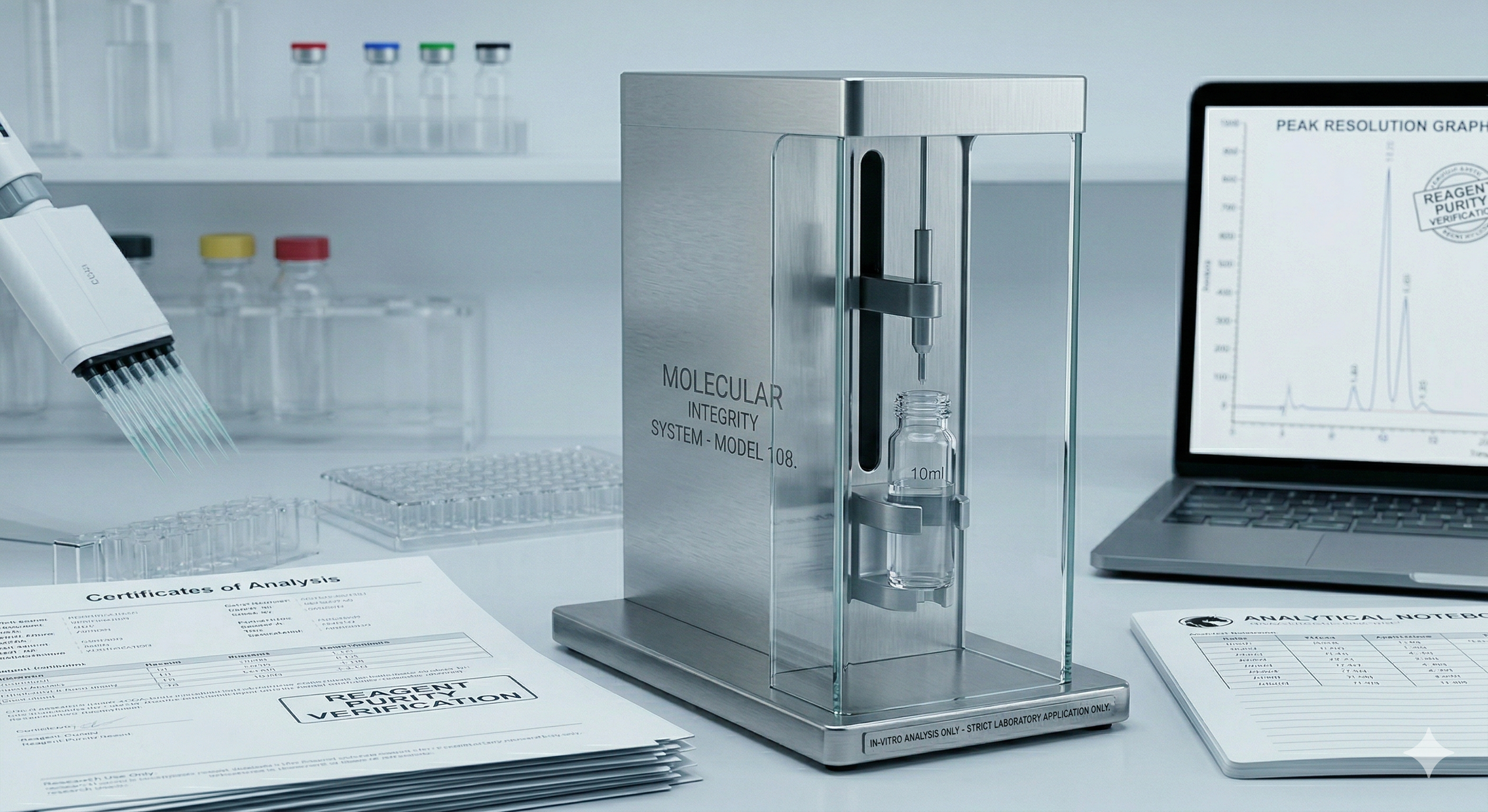 Laboratory setup with a molecular integrity testing device, test tubes, pipette, computer monitor displaying a graph, and documents on a white table.