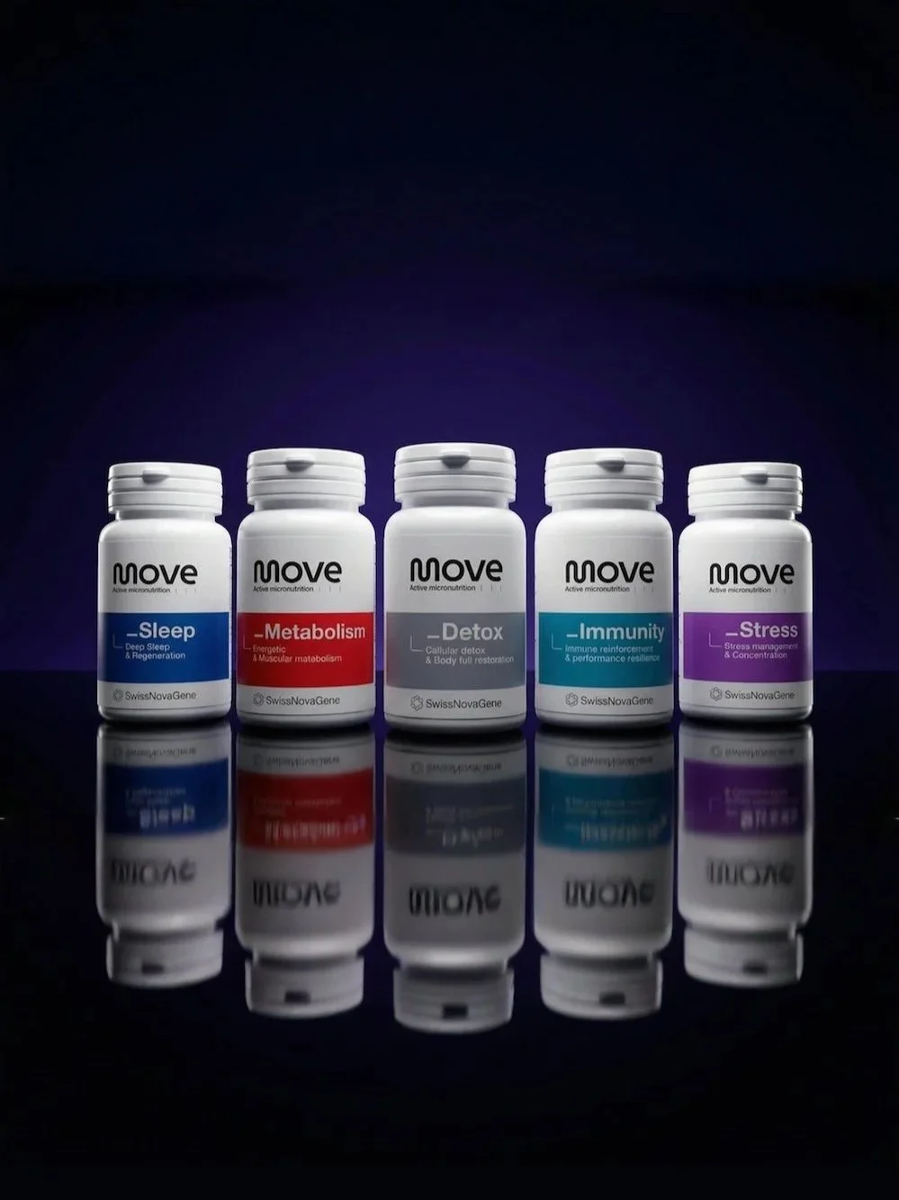 Five bottles of supplement pills labeled 'noove' with categories for Sleep, Metabolism, Detox, Immunity, and Stress, reflecting light on a black reflective surface.