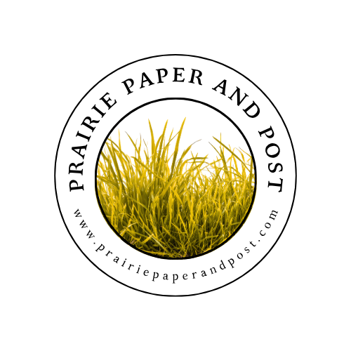 Logo with a circular design featuring a photograph of grass and the text 'Prairie Paper and Post' and the website URL 'www.prairiepaperandpost.com'.