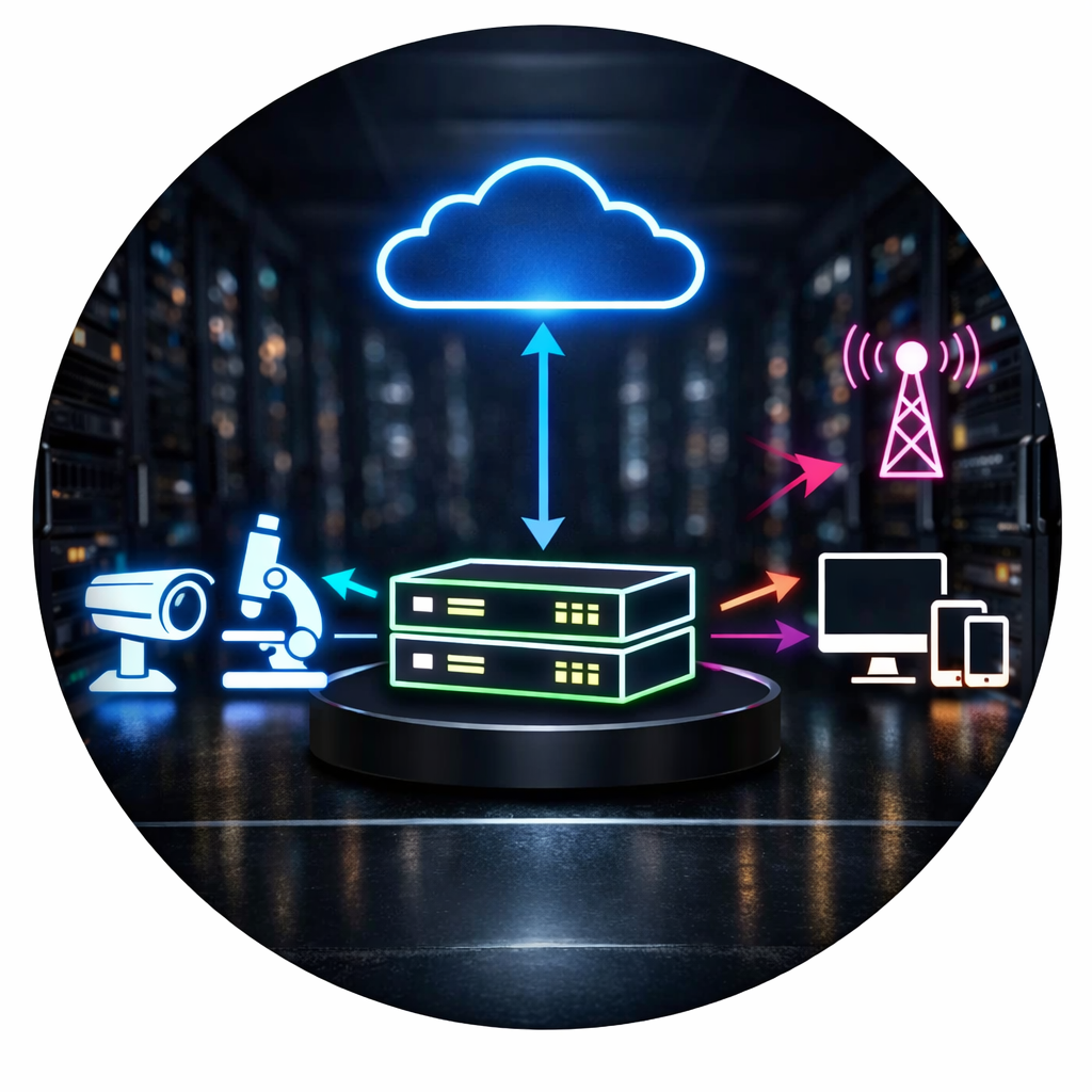 Digital illustration of a cloud connected to data servers, a microscope, a telescope, and wireless communication tower, depicting cloud computing and data sharing.