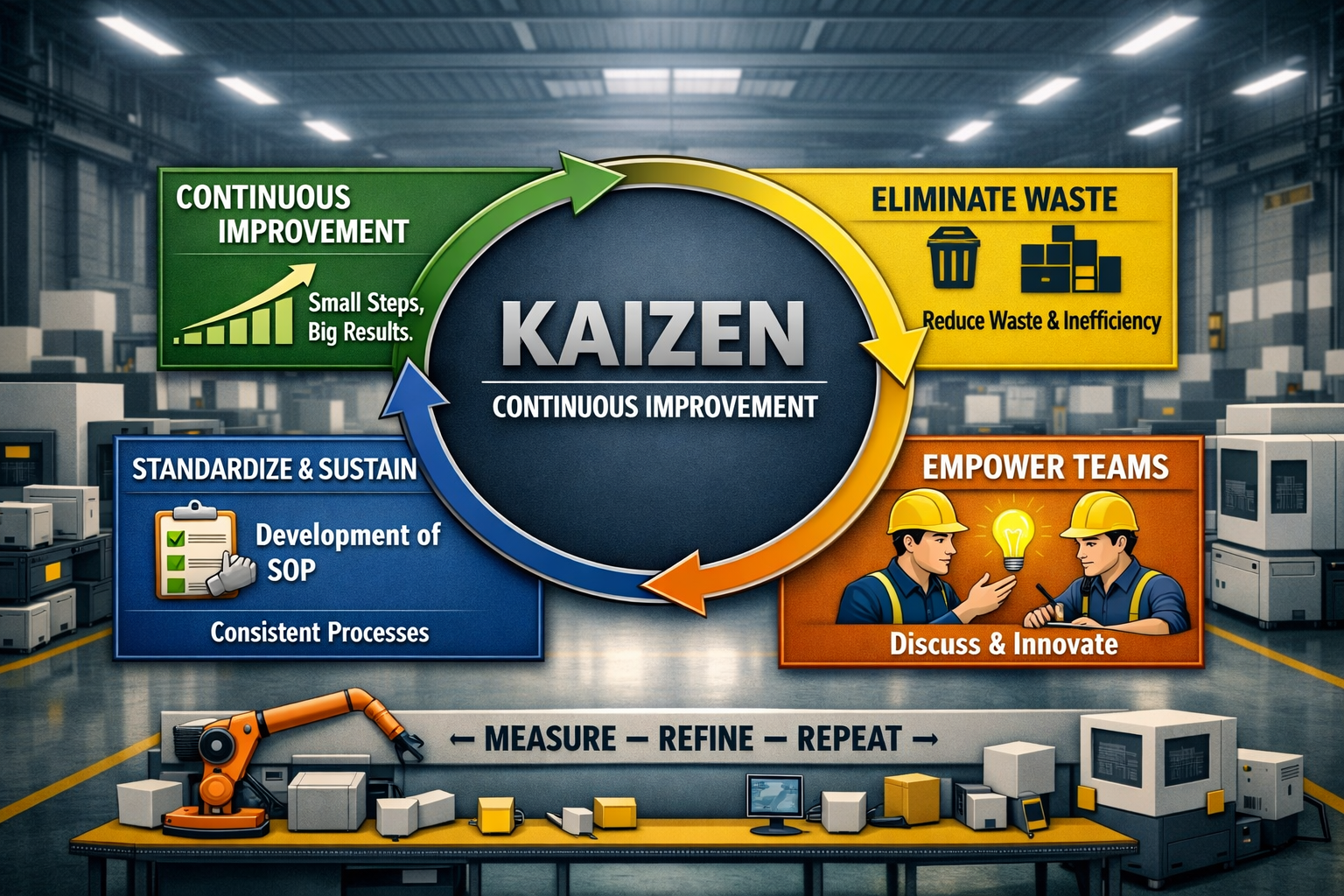 Diagram of the Kaizen continuous improvement process in a factory setting, highlighting steps like standardize and sustain, empower teams, eliminate waste, and continuous improvement.