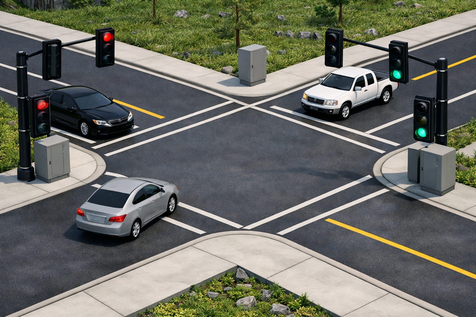 Intersection with traffic lights showing green for the right turn lanes and red for the other directions. Three cars are waiting at the lights, including a black sedan and a white pickup truck.