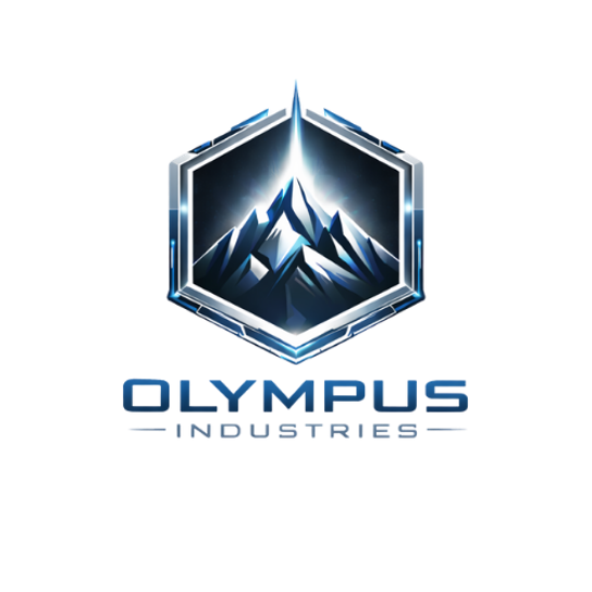 Logo for Olympus Industries featuring a mountain inside a hexagon with illuminated edges and the text "Olympus Industries" below.