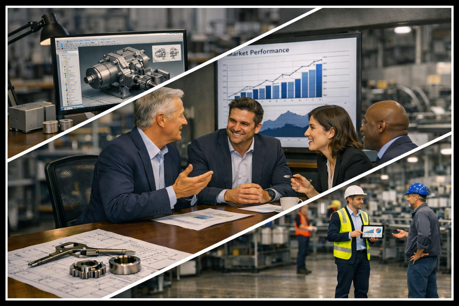 Collage of images showing engineering design on a computer, businesspeople in a meeting analyzing graphs, and workers in a factory discussing production with digital tablets.