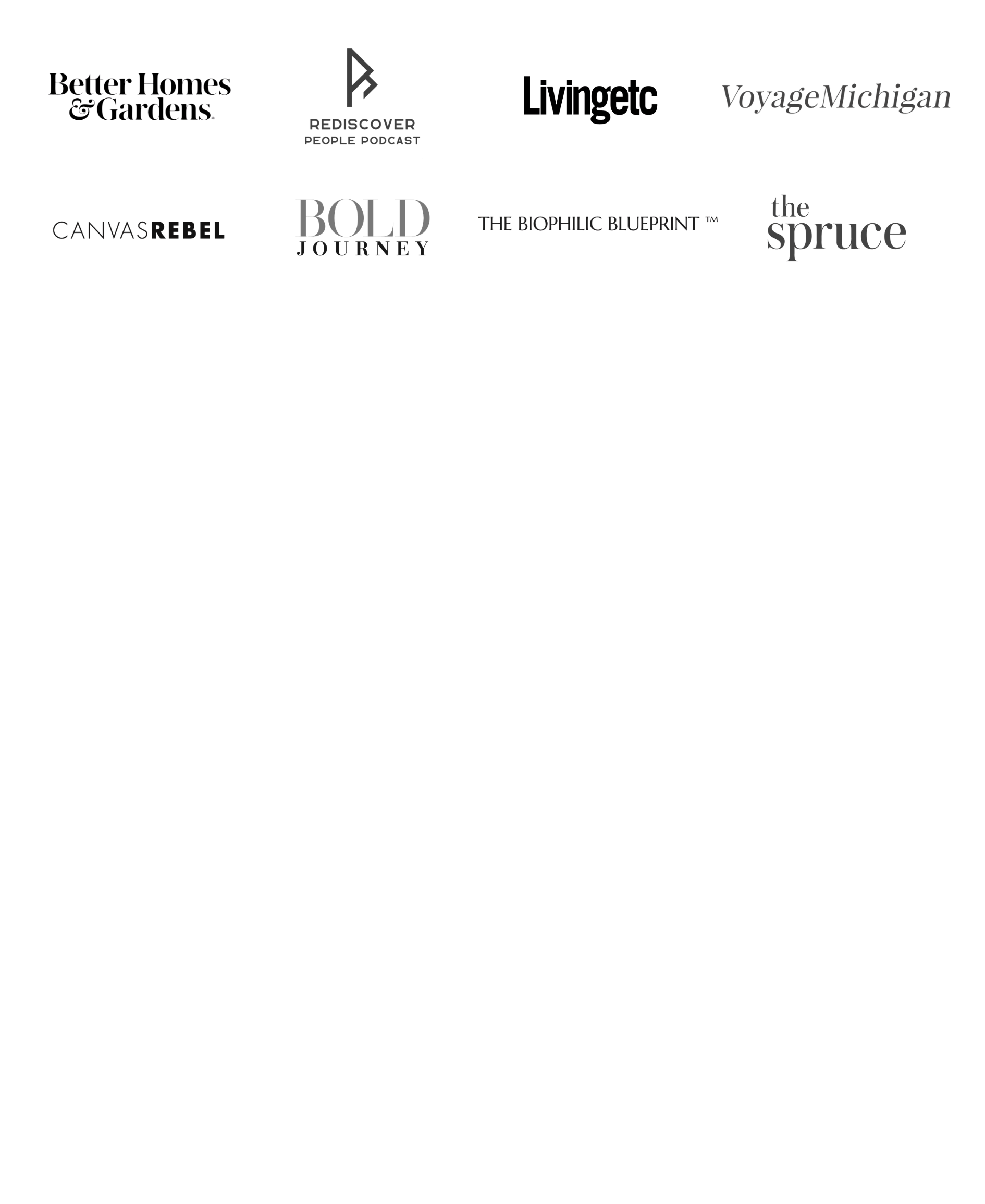 A black background with various podcast and media logos and titles, including 'REdiscover People Podcast,' 'Vingtec,' 'VoyageMichigan,' 'CANVAS REBEL,' 'BOLD Journey,' 'The Biophilic Blueprint,' and 'the sprucE.'