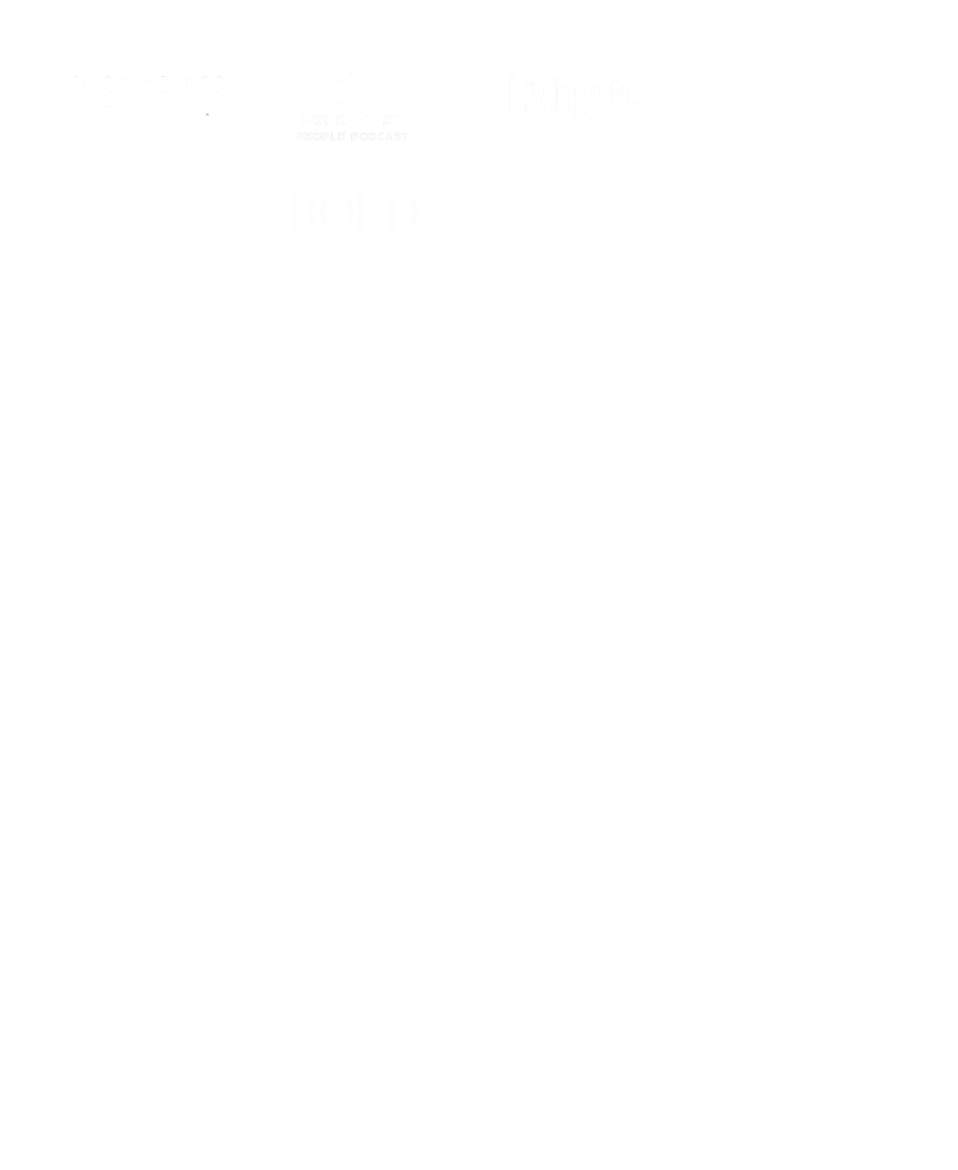 Black background with white logos and text of various brands, including Better Homes & Gardens, Rediscover People Podcast, Livingetc, VoyageMichigan, Canvas Rebel, Bold Journey, The Biophilic Blueprint™, and The Spruce.