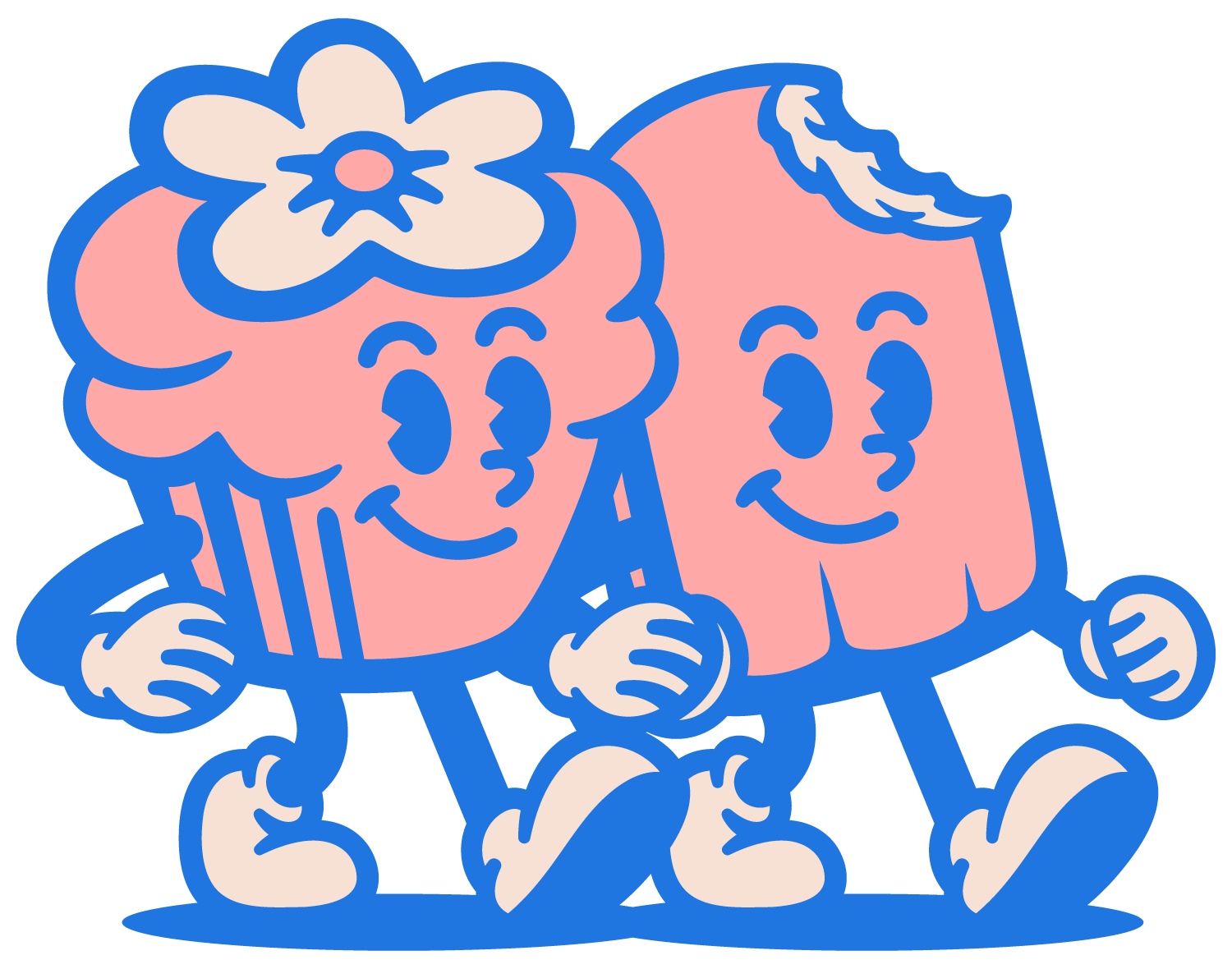 Cartoon illustration of two pink creature characters walking together and holding hands, one wearing a flower on its head.