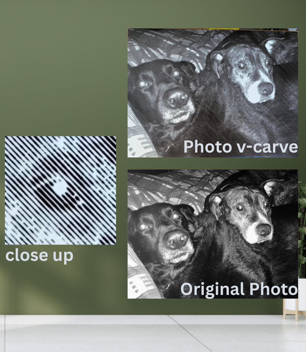 A comparison of two black and white photos of two dogs, one labeled 'Photo v-carve' and the other 'Original Photo.' The first photo appears to be a digital or laser-engraved version, while the second shows the original photograph of the dogs. A close-up image of the engraved detail is also included, with the label 'close up.'
