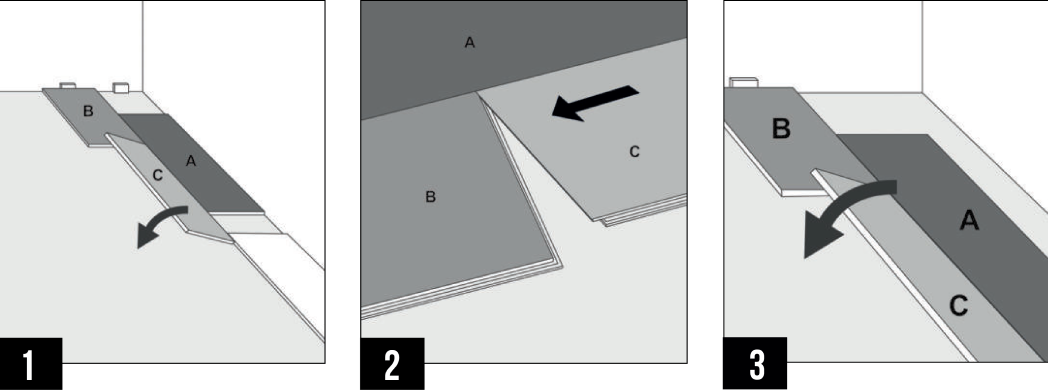 Step-by-step diagrams illustrating how to install click floating system vinyl flooring: start first row, then click on short and long sides. Repeat process.
