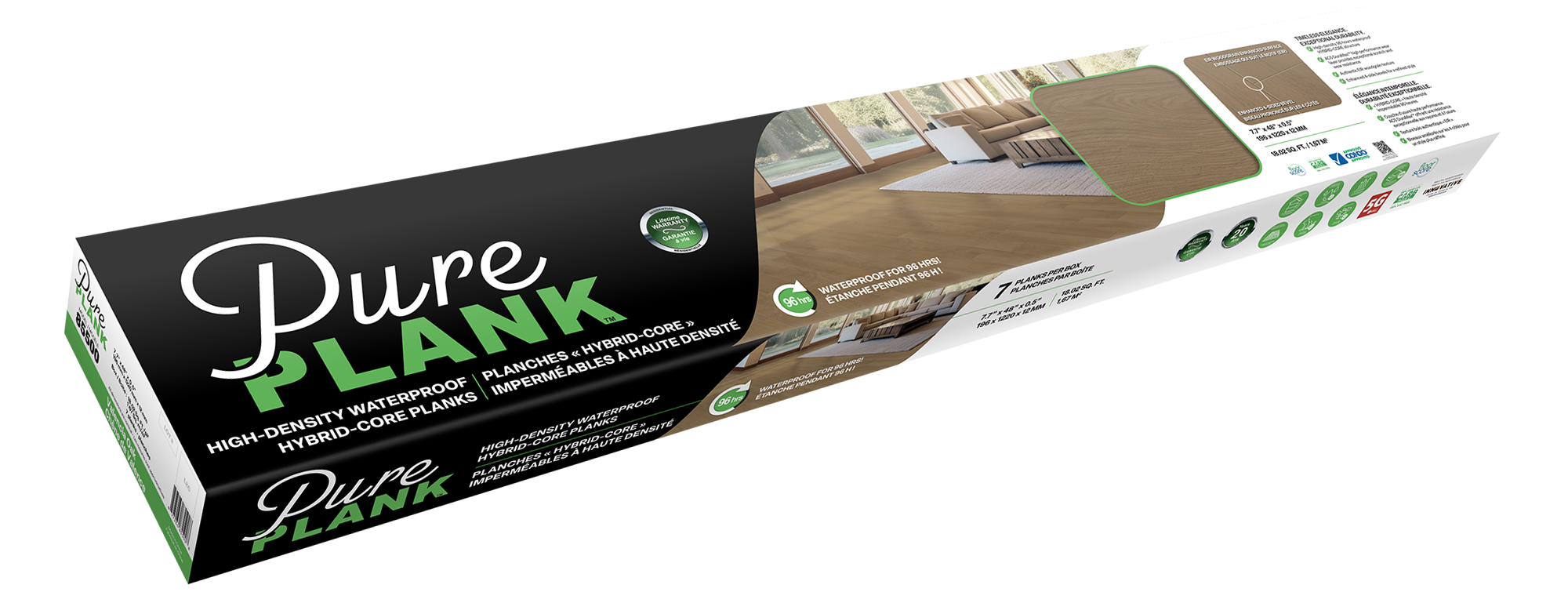 Packaging for PurePlank high-density waterproof hybrid-core flooring.