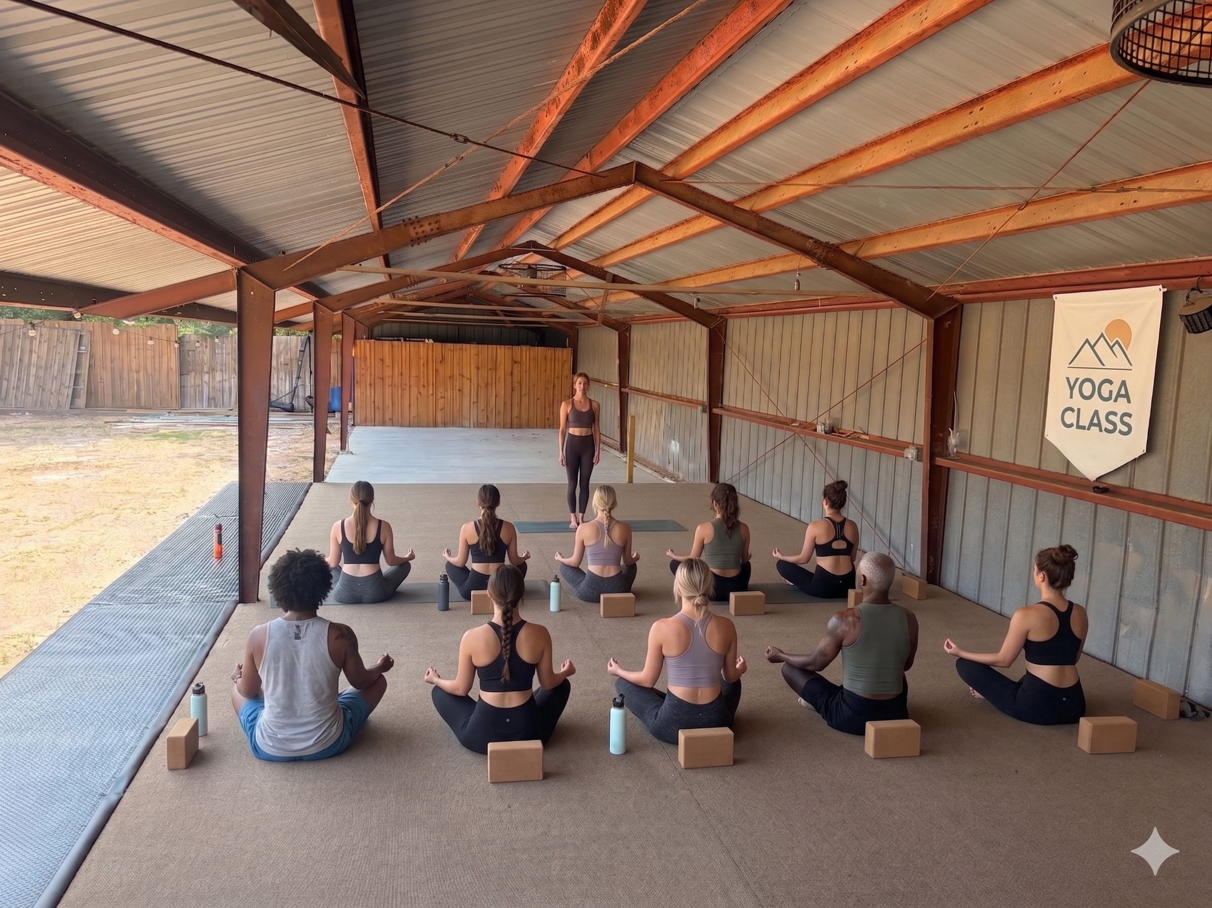 A group of people practicing yoga outdoors inside a covered, open-air structure with a wooden ceiling and metal walls. The instructor is standing at the front leading a session, with participants sitting cross-legged on yoga mats, facing the instructor. There's a sign on the wall that reads 'YOGA CLASS' with a mountain logo, and a wooden fence can be seen outside.