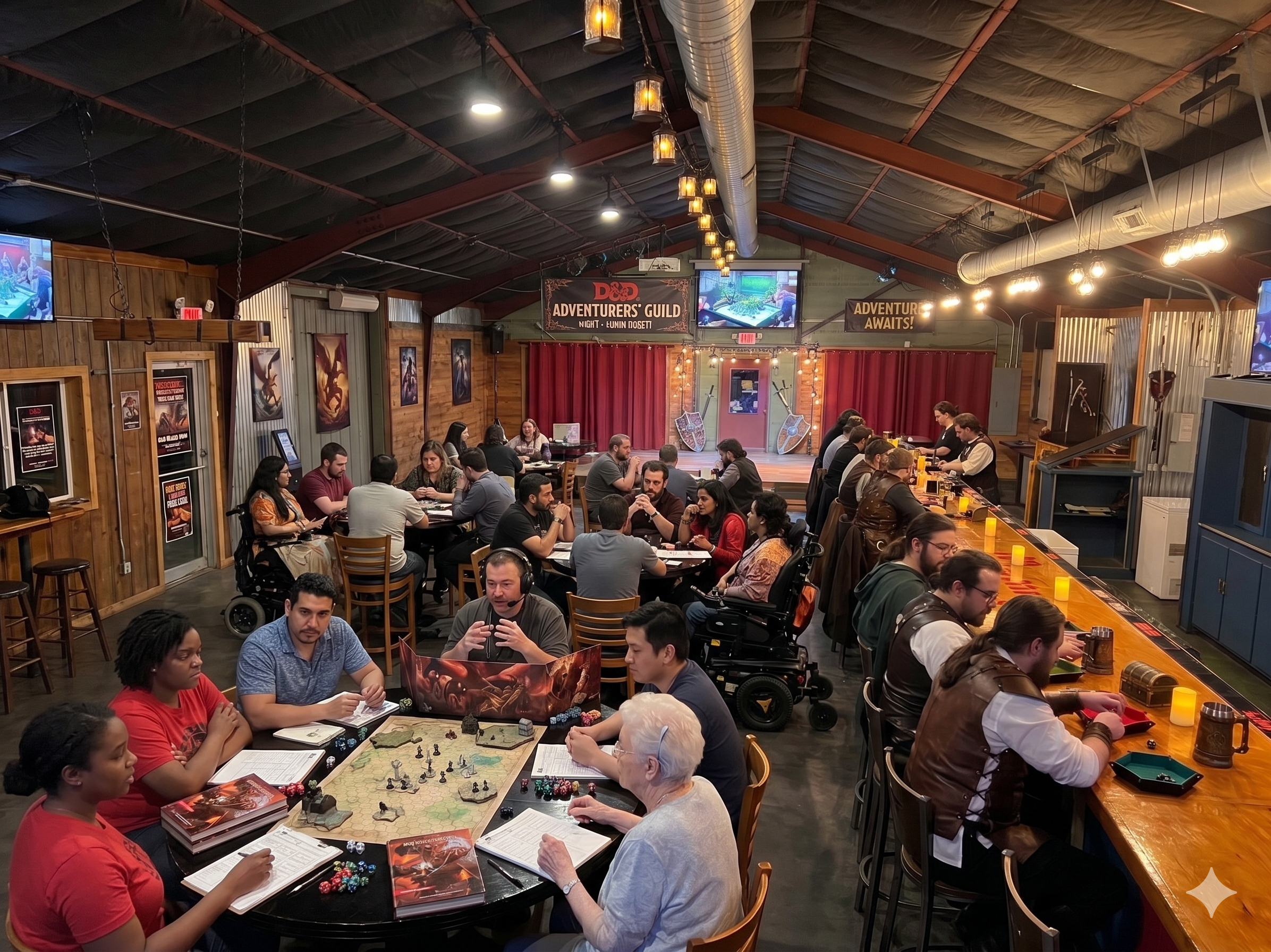 A large group of people playing tabletop role-playing games at a gaming event in a spacious hall with wooden panel walls, red curtains, and ceiling lights. There are game posters, screens showing game content, and fantasy-themed decorations.