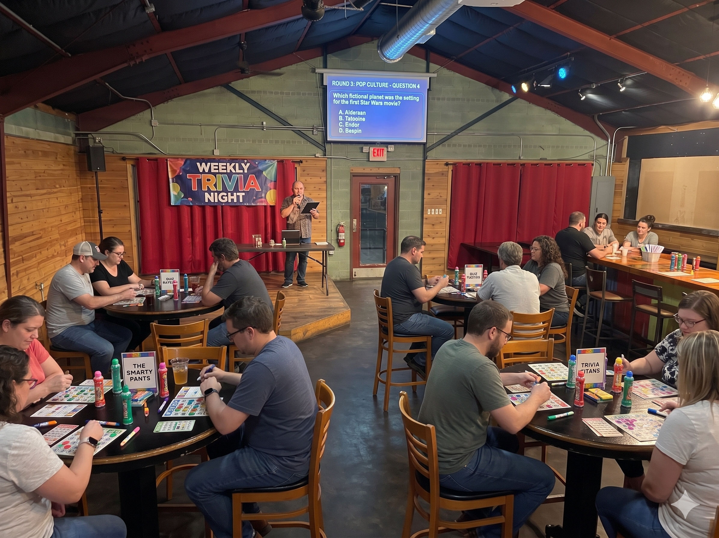 People participating in a trivia night event. Several groups sit at tables with bingo-style cards and colored markers. A man stands on a stage reading a question from an electronic device, with a large screen behind him showing a trivia question about Star Wars. The room features a