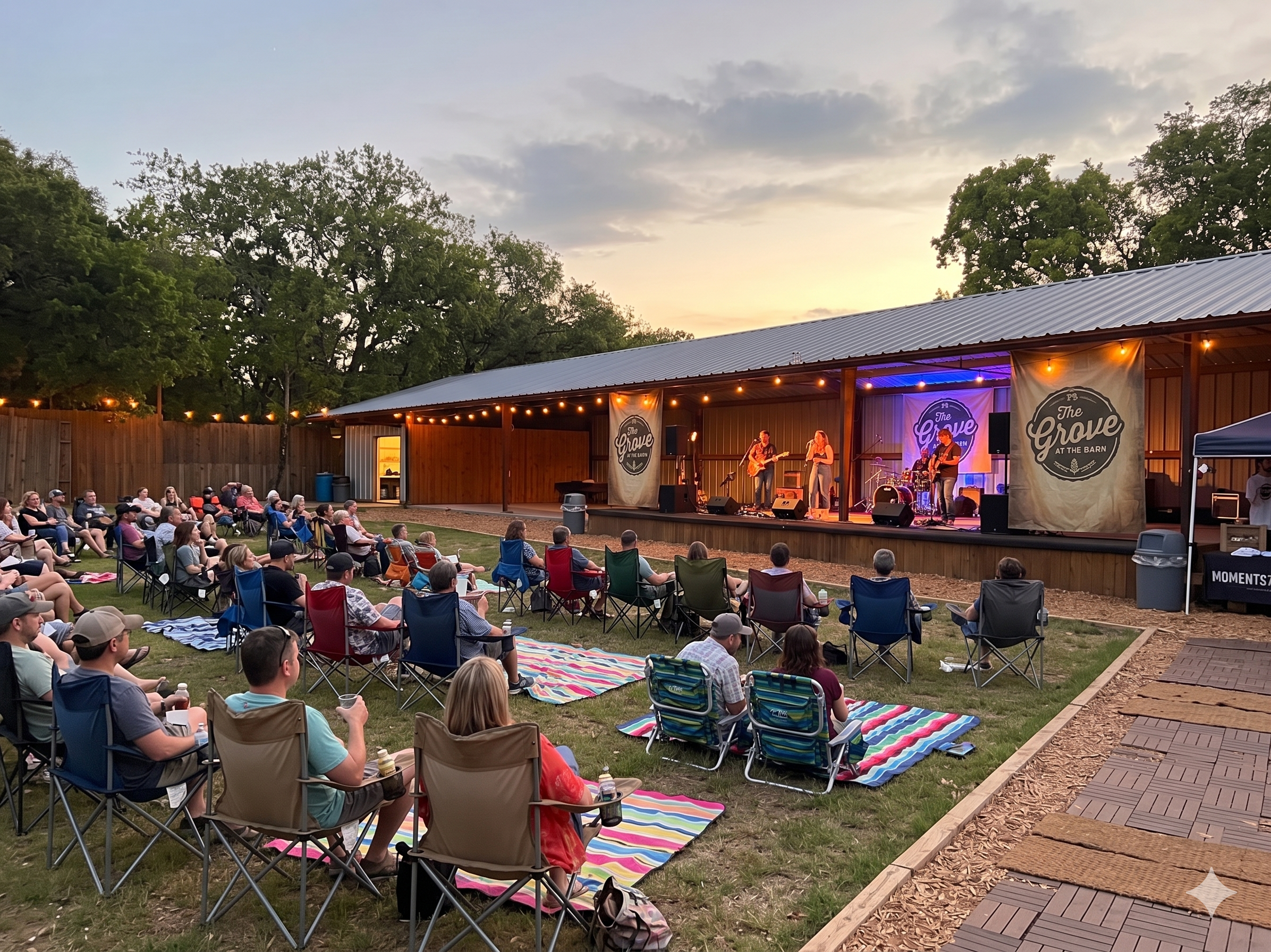 Outdoor concert at dusk with a band performing on a stage with banners labeled 'The Grove at the Barn,' an audience seated on lawn chairs and blankets, surrounded by trees and string lights.