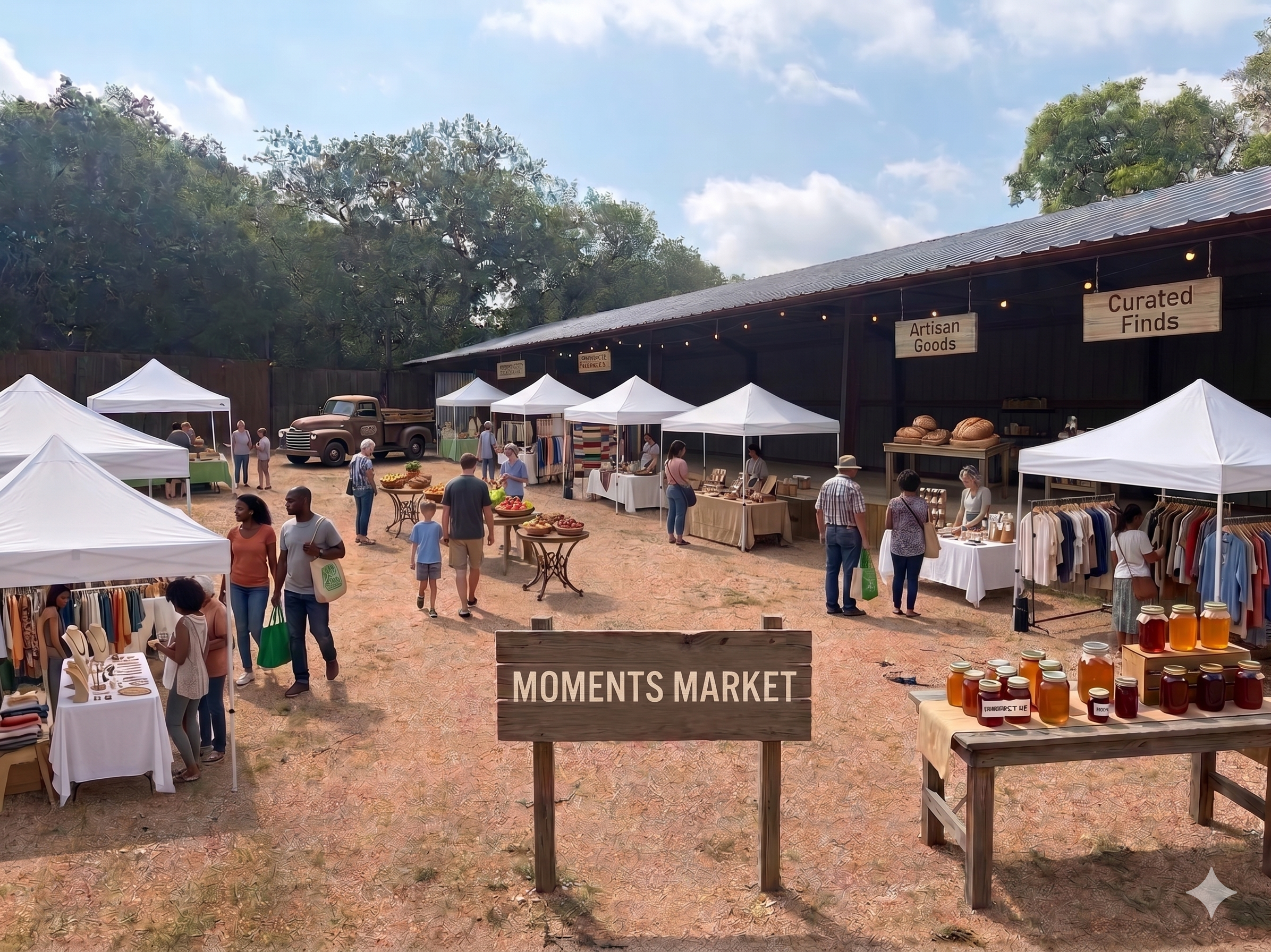 Outdoor market with white tents selling various goods, including handmade crafts, clothing, and jars of honey or jam. People are browsing and shopping on a dirt ground under a partly cloudy sky, with a wooden sign reading 'Moments Market' in the foreground.
