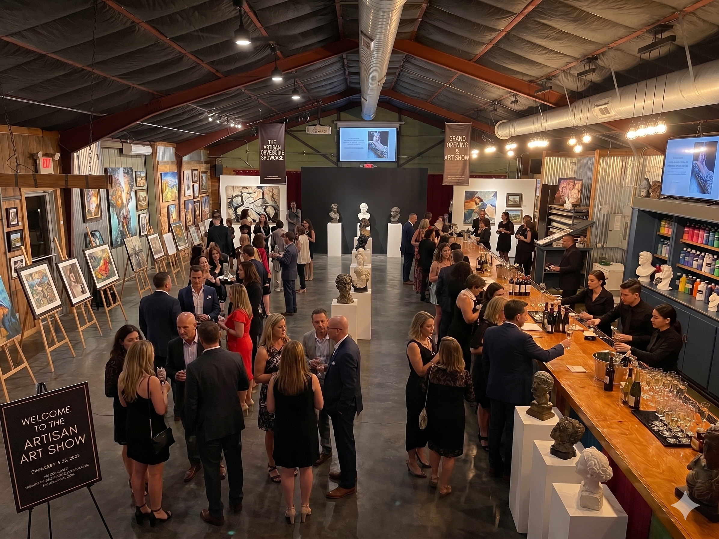 People gathered at an art show event, with artwork displayed on walls and statues arranged on pedestals, titled 'The Artisan Obvised Showcase'.