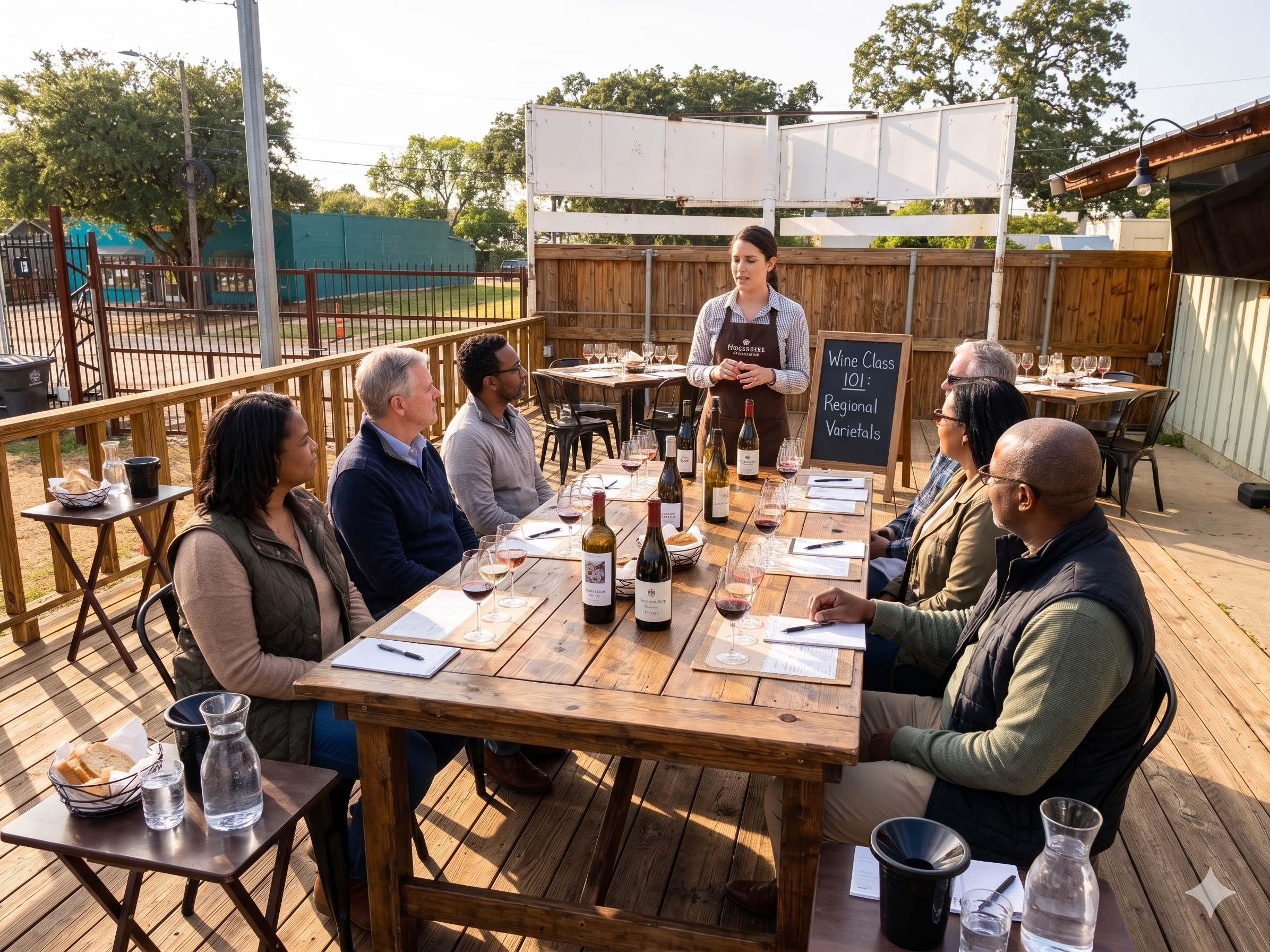 A wine tasting class with seven people seated around a wooden table outdoors, with a woman instructor standing beside a blackboard that reads 'Wine Class 101: Regional Varietals.' The table is set with wine glasses, bottles, notebooks, and snacks, in a patio area with a wooden fence and trees in the background.