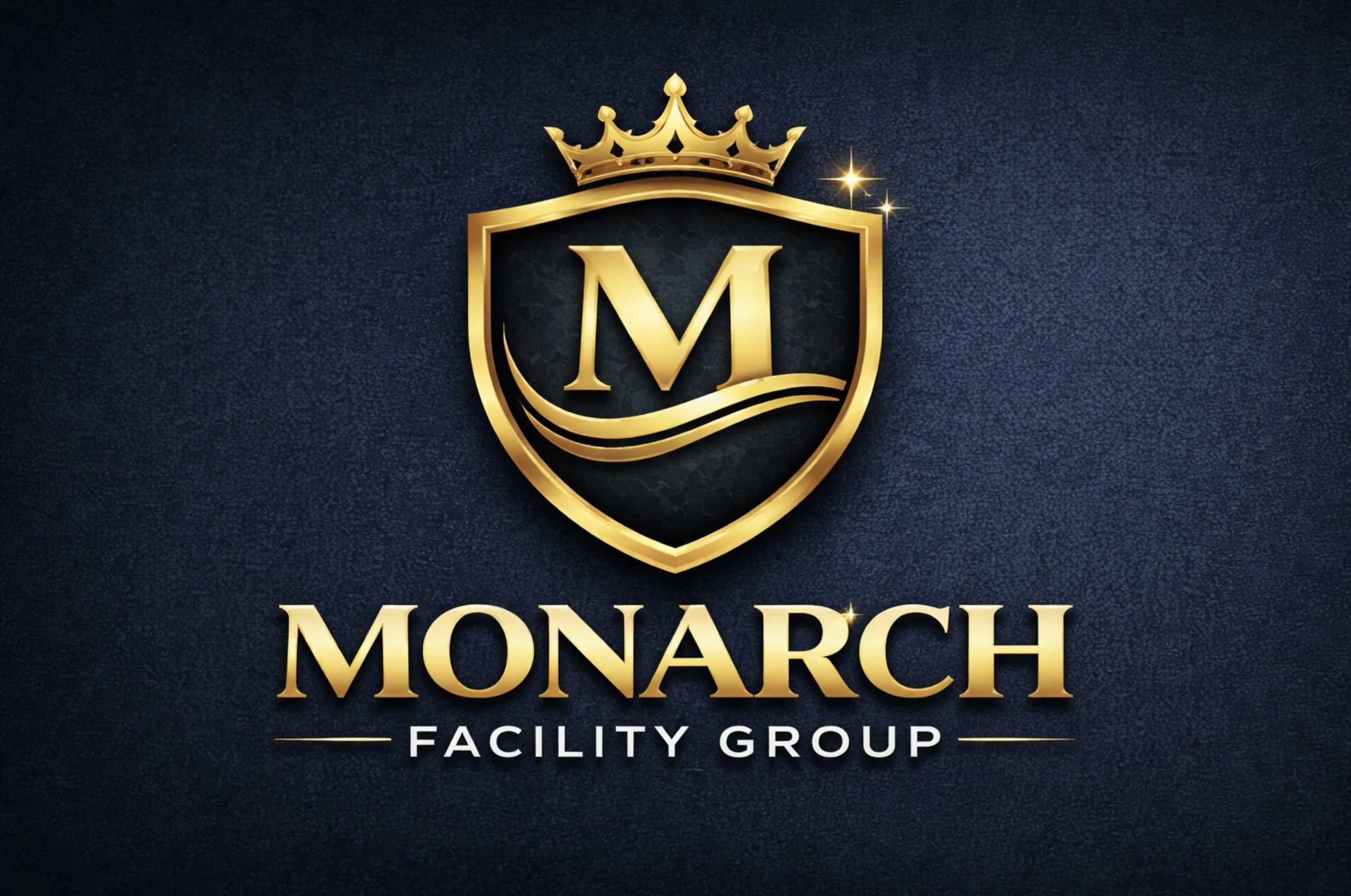 A logo with a gold crown on top of a shield containing a gold letter 'M'. Below, it says 'MONARCH FACILITY GROUP' in gold and white text on a dark background.