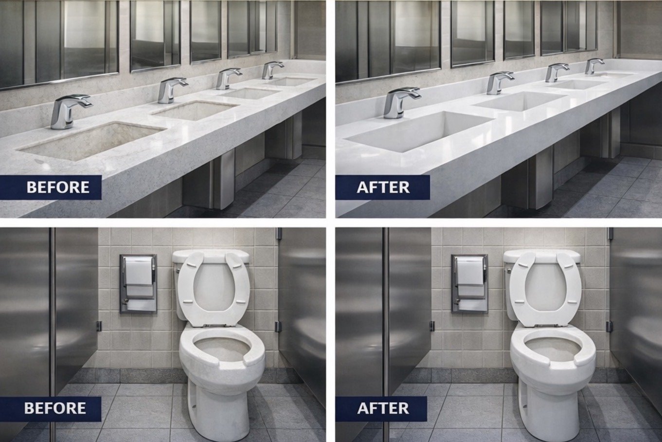 Comparison images showing bathroom upgrades with new sinks and toilets, labeled 'before' and 'after'.