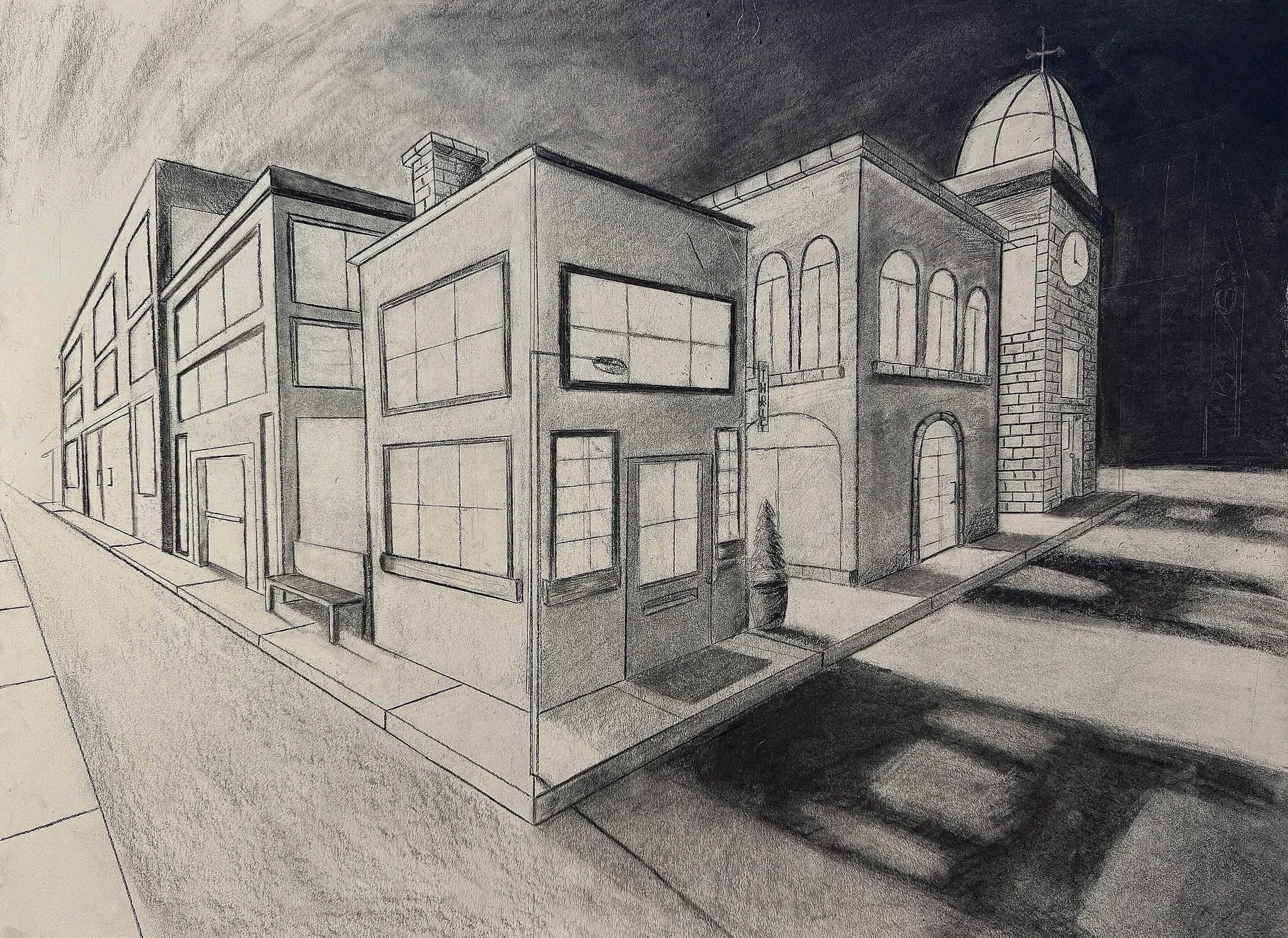 Perspective Town in charcoal 18"x24" $250