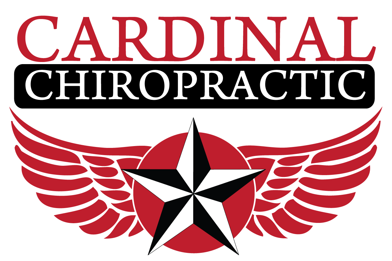 Logo for Cardinal Chiropractic featuring a red circle with a black and white star in the center, red wing-like designs on each side, and the words "Cardinal Chiropractic" in red and white text above.