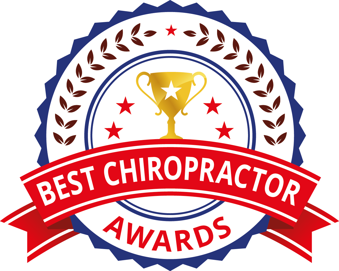 A badge with a gold trophy in the center, surrounded by red stars and laurel wreaths, with a red ribbon across the lower part reading 'Best Chiropractor Awards'.