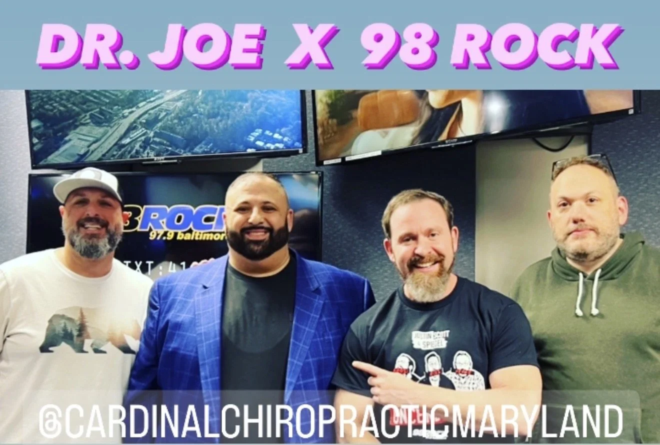 'DR. JOE X 98 ROCK' , '@CARDINALCHIROPRACTICMARYLAND', the morning dj's from 98 rock in Baltimore with dr. Joe visiting the studio talking about health with adjustments of chiropractic. live on air with the best chiropractor of Baltimore.