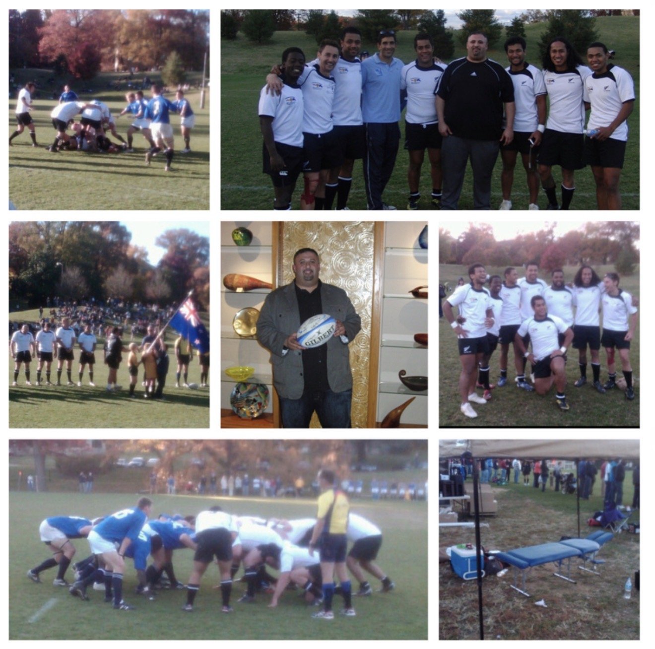 Collage of photos from a rugby game and celebration event, including players on field, team group shots, flag ceremony, individual portraits, and field setup for spectators.