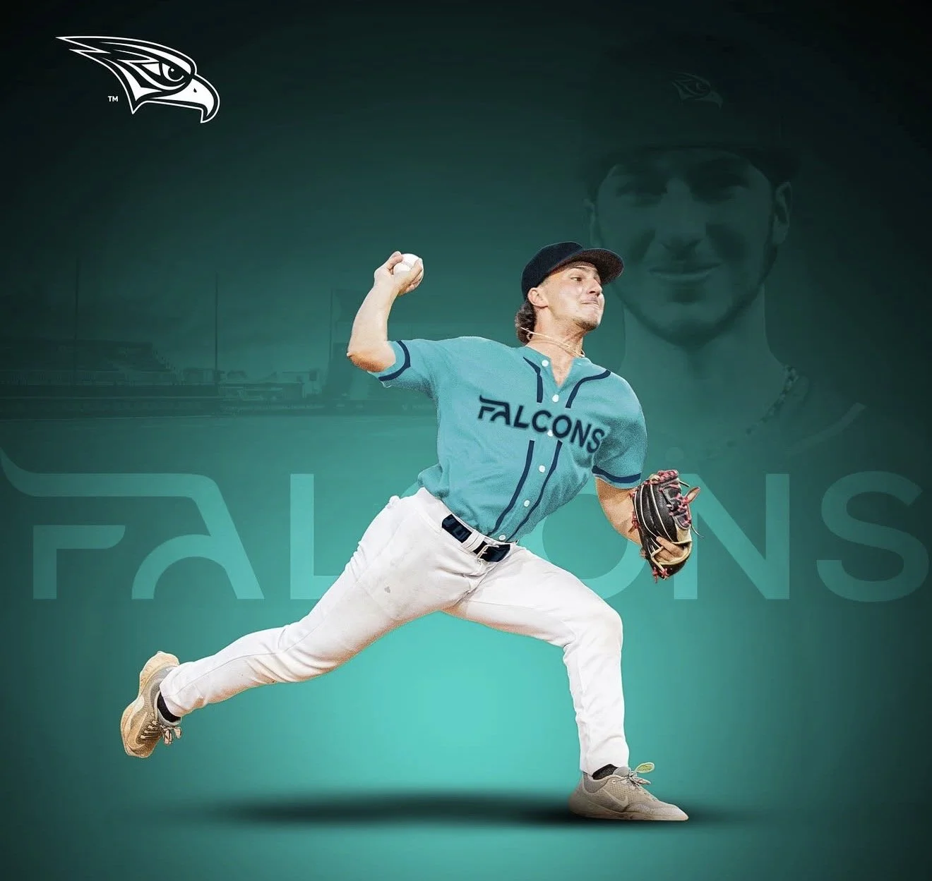 A man in a baseball uniform in a pitching stance, holding a baseball in his right hand and wearing a glove on his left hand. The background features the logo and name of the Falcons team, with an enlarged face of the man on the wall.