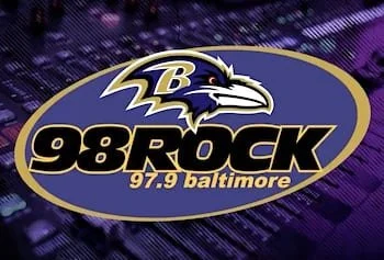 Radio station logo for 98 Rock Baltimore, 97.9, featuring the Baltimore Ravens logo and eagle emblem.