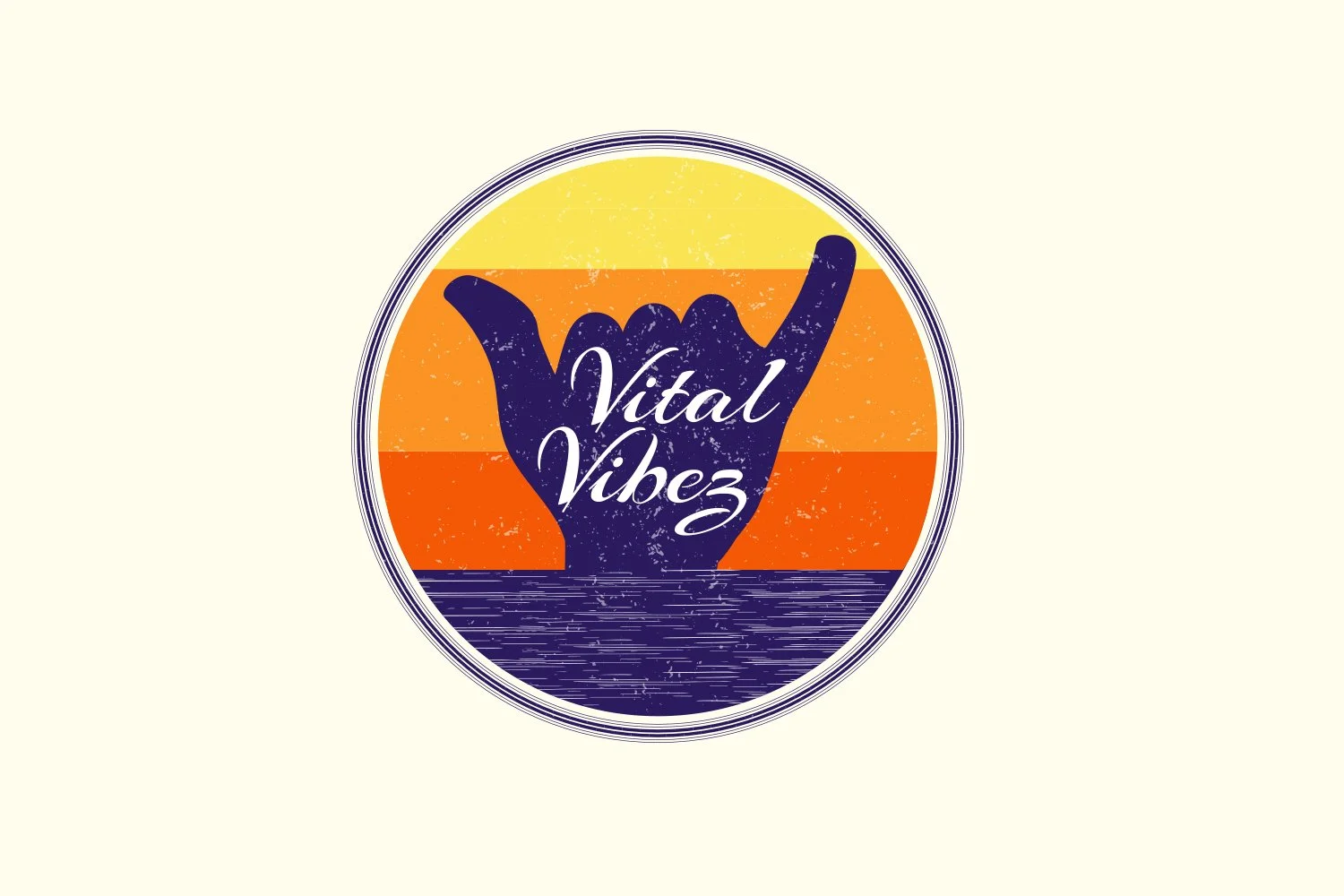 A circular logo featuring a hand making the 'shaka' sign, set against a sunset background with horizontal stripes of yellow, orange, and red. The hand is dark purple and has the words 'Vital VibeZ' written across it in white cursive font.
