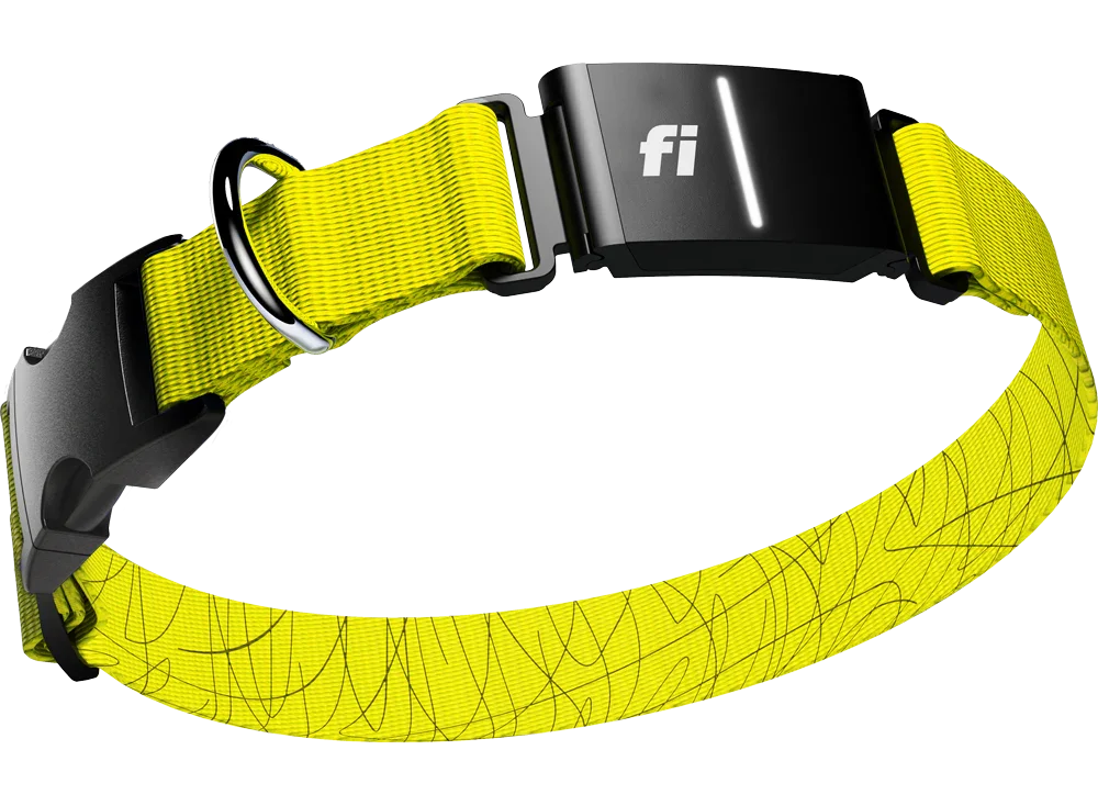 Yellow fitness tracker band with a black clasp and electronic display with 'fi' branding