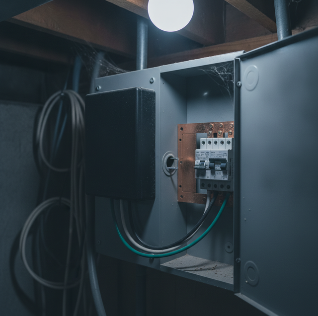 electrical panel with surge protector installed next to main breaker