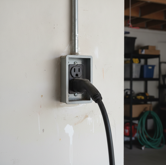 EV plugged into garage wall outlet charging overnight