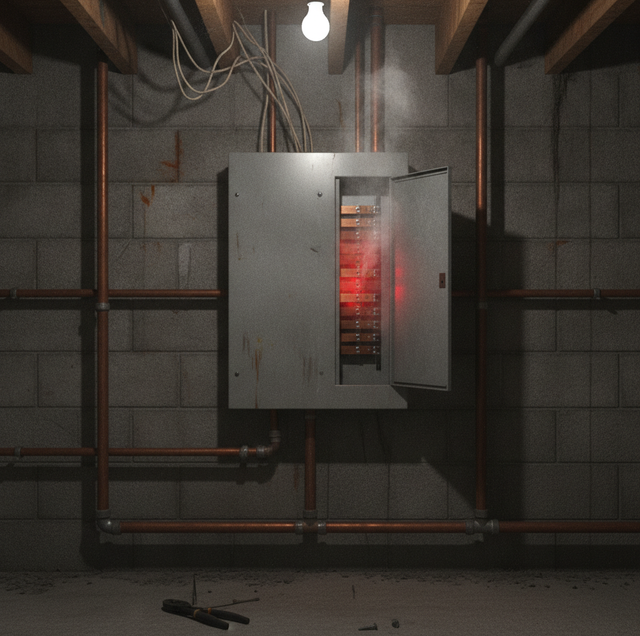 metal residential electrical panel with warm hand on cover
