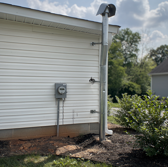 Storm damaged electrical service mast on house exterior wall