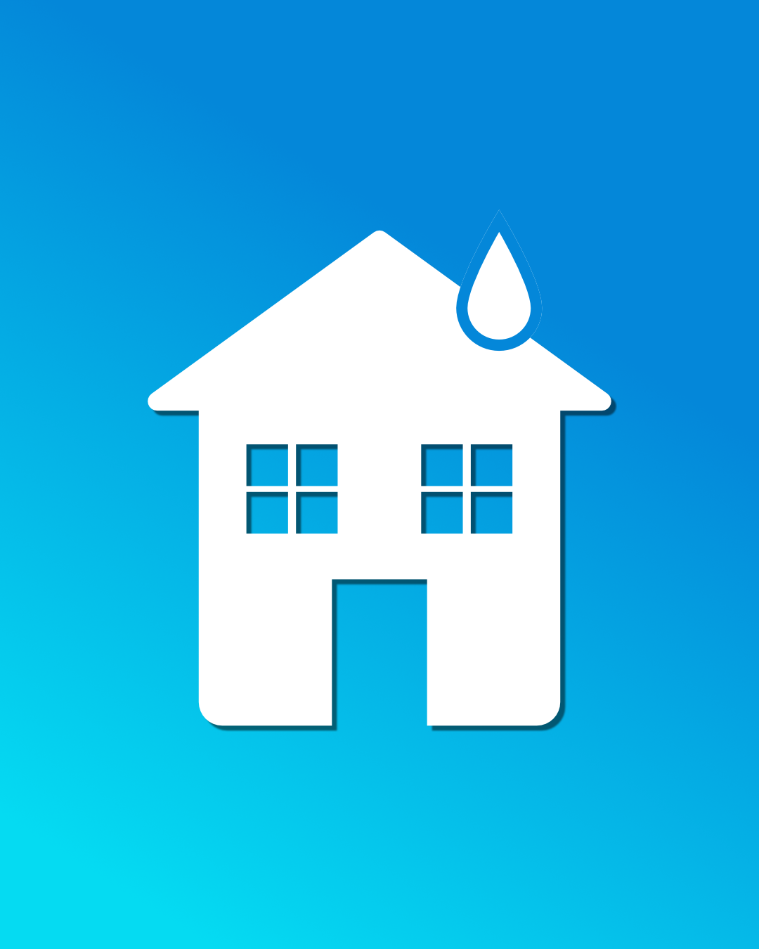 A white outline of a house with four windows and a door, with a blue water droplet on the roof symbolizing cleaning set against a blue gradient background.