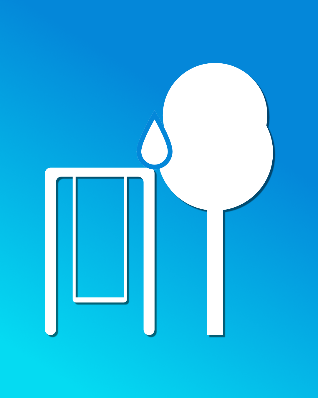 Graphic of a white tree, a swing set, and a water droplet symbolizing clean on a blue gradient background.