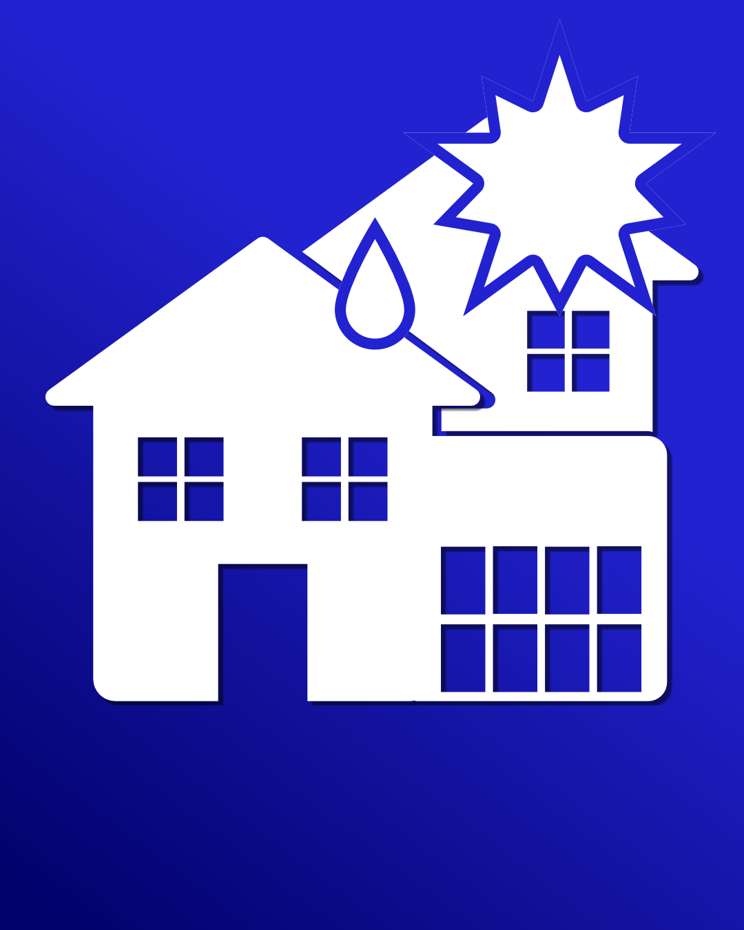 House with snow, water droplet on roof, and a starburst shape indicating a problem or alert, on a blue background.