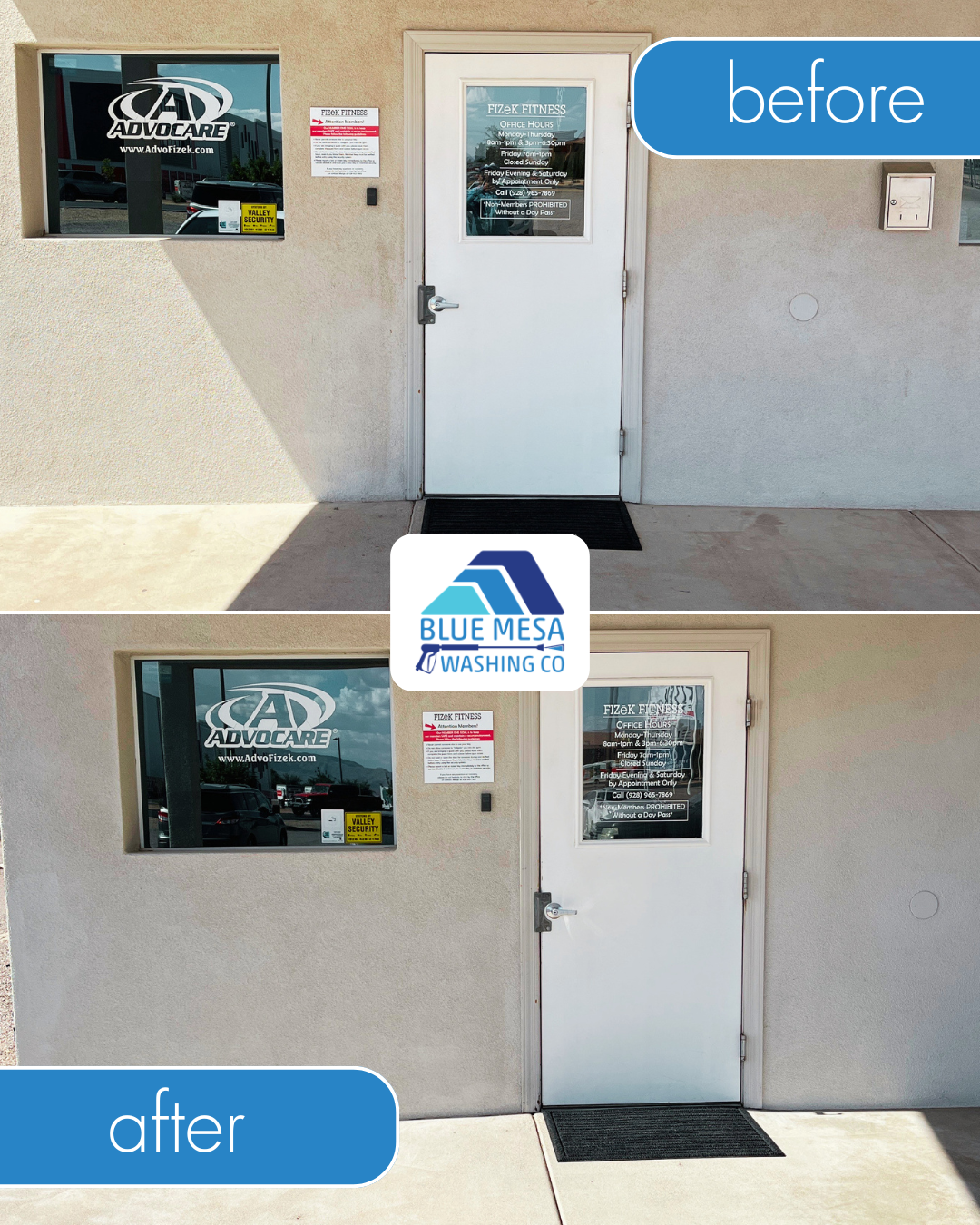 A stacked photo with Fizek Fitness storefront before cleaning on top, and after cleaning on the bottom