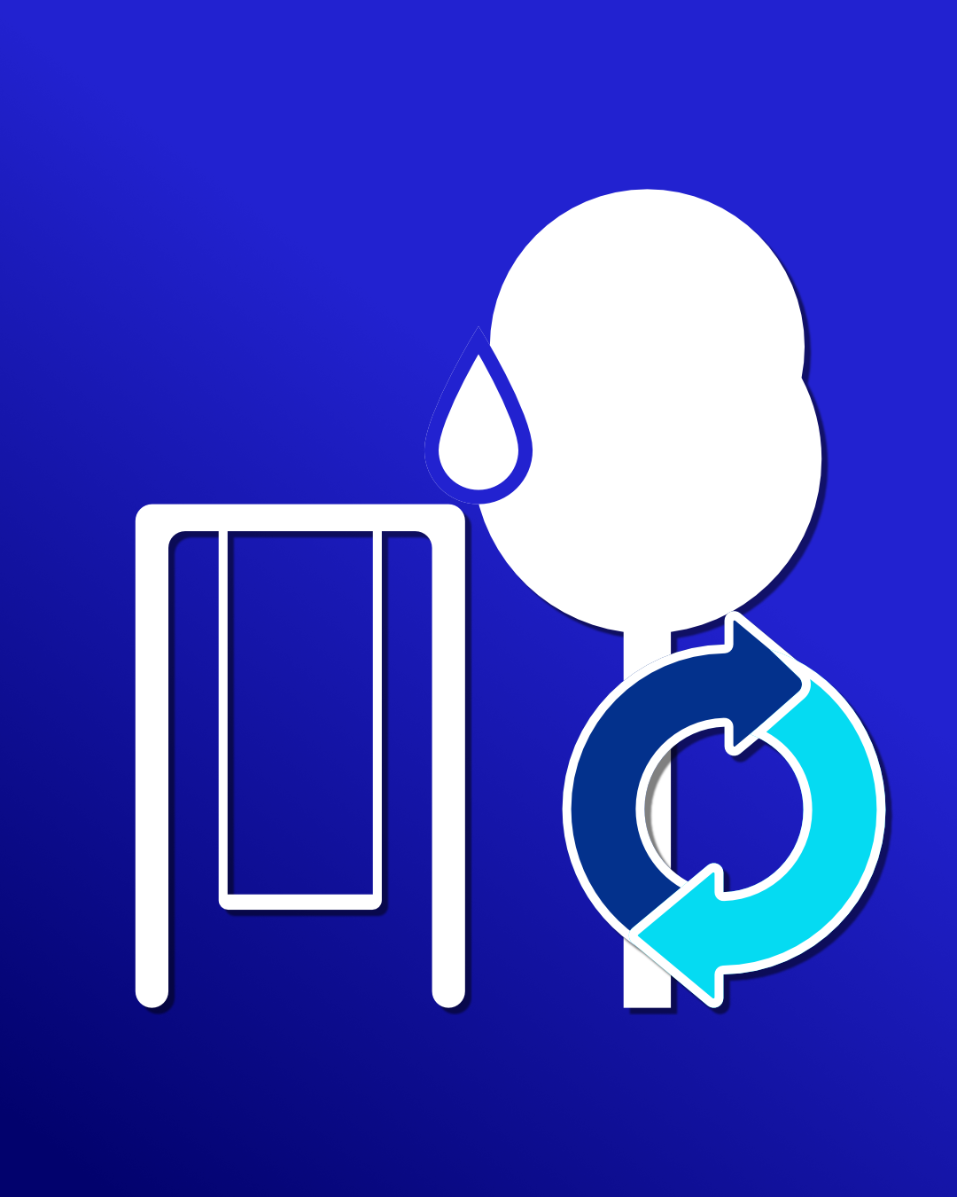 Graphic of a white tree, a swing set, a water droplet symbolizing clean, and a circular arrow representing a repeating cycle on a blue gradient background.