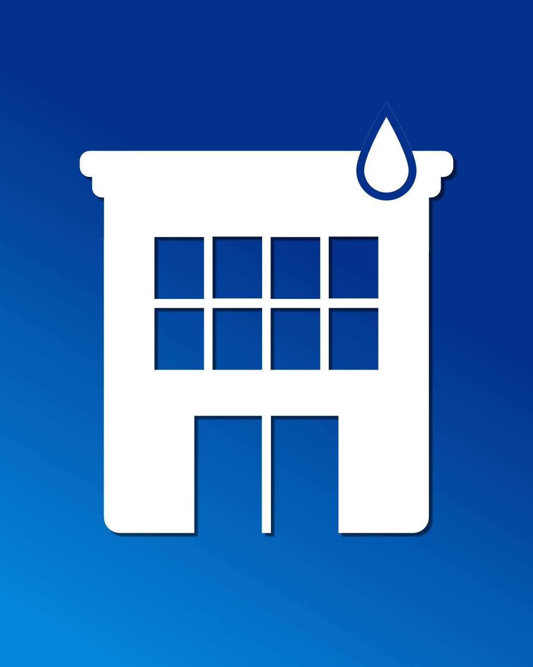 Icon of a two story building with a drop of water symbol, indicating a water cleaning service.