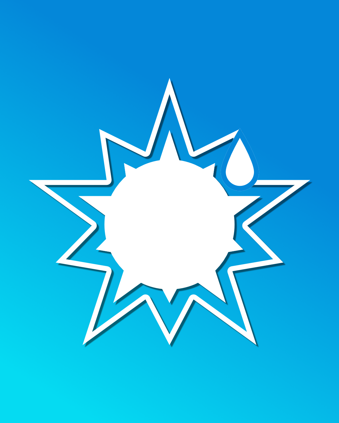 A graphic of a sun with a droplet of water above it, outlined in white and set against a blue gradient background.