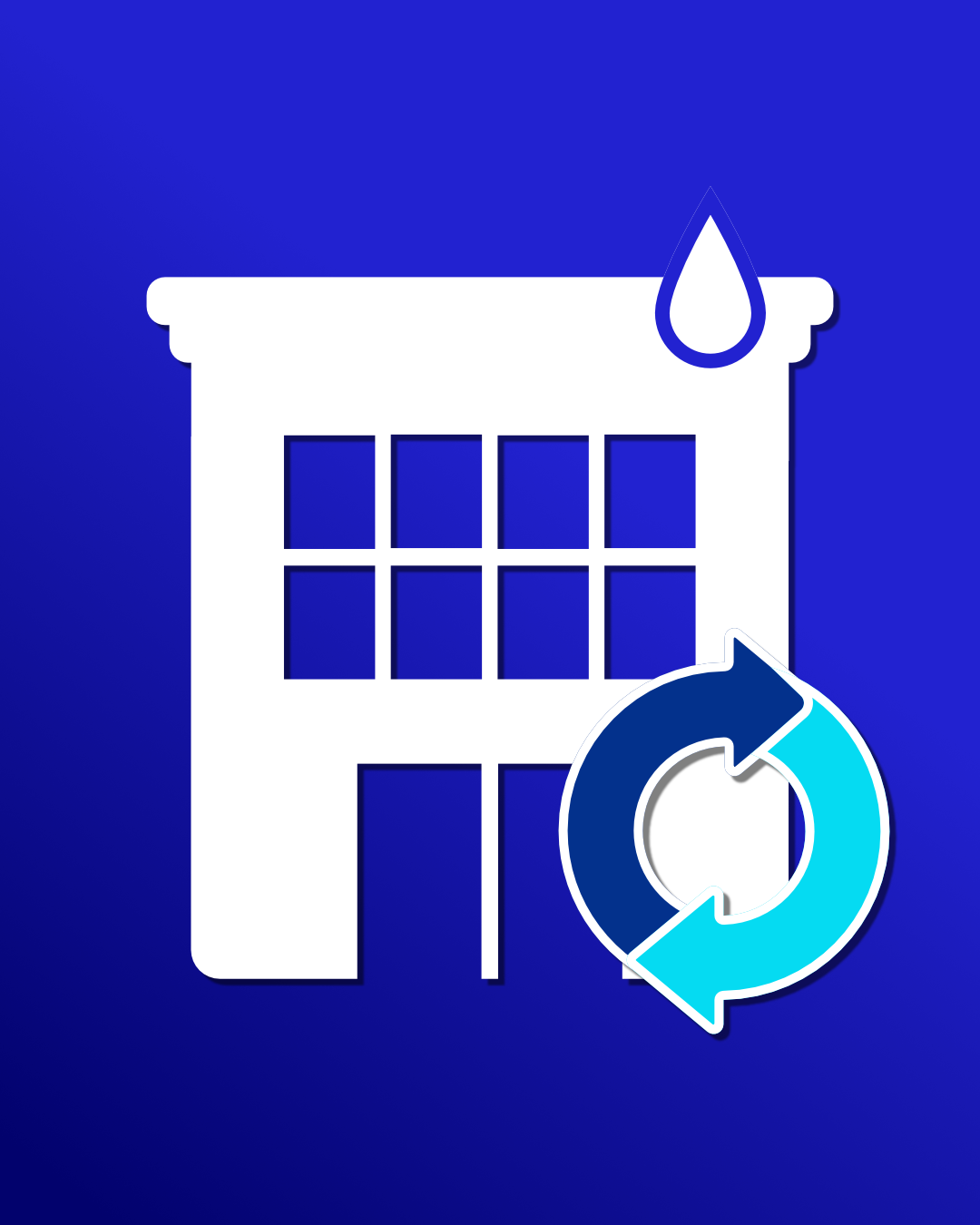Icon of a two story building with a drop of water symbol, indicating a water cleaning service, and a circular arrow, representing a repeating cycle.