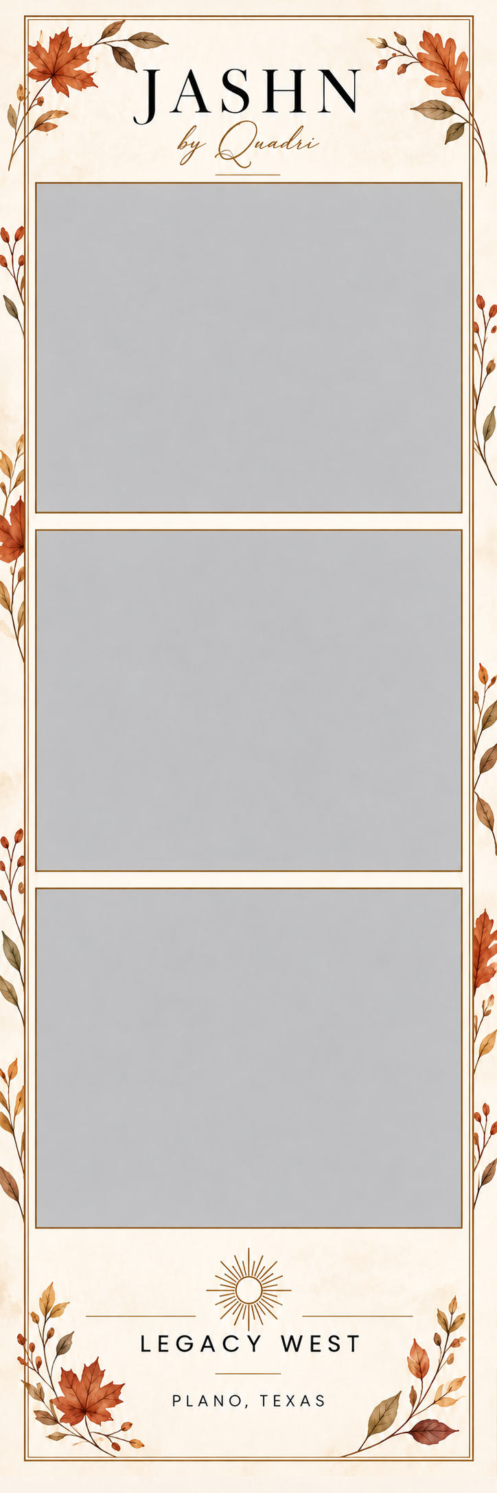 Fall photostrip design preview with autumn leaves, Jashn by Quadri at the top, and Legacy West at the bottom