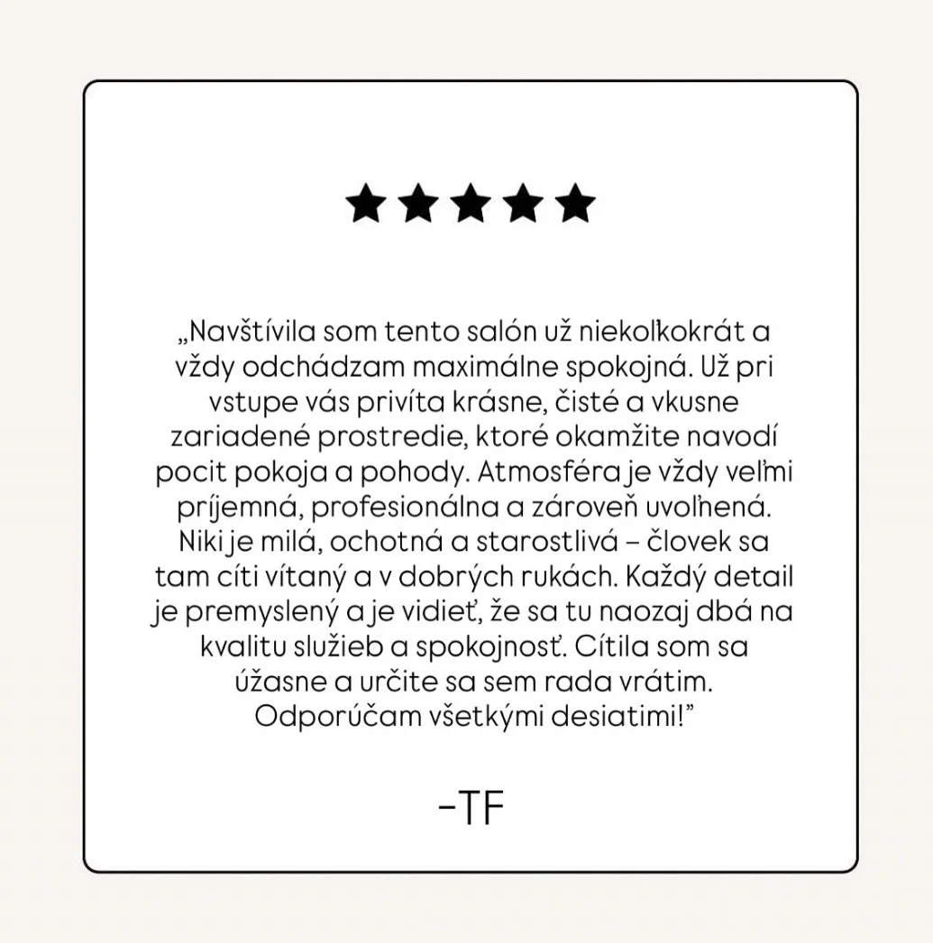 A photo of a testimonial or review with five black stars at the top and text in Slovak expressing satisfaction with a salon, signed with initials TF.