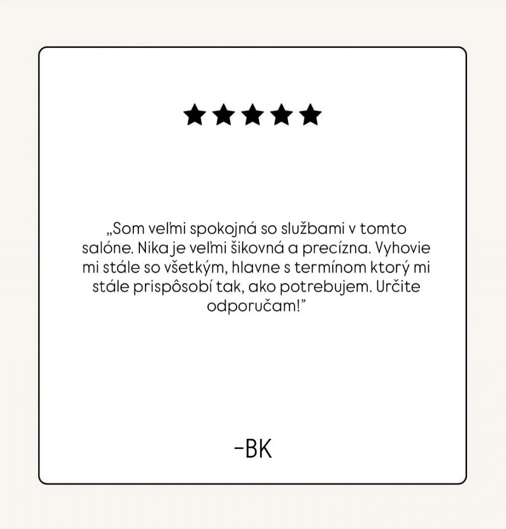 Five black stars at the top followed by a paragraph of text in Slovak praising a salon, with initials -BK at the bottom.