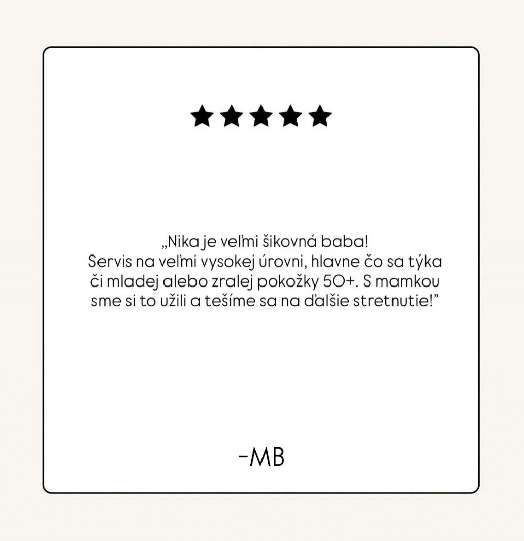 Customer review with five-star rating for a service quality, praising a lady named Nika for her excellent service, especially in skin care 50+.