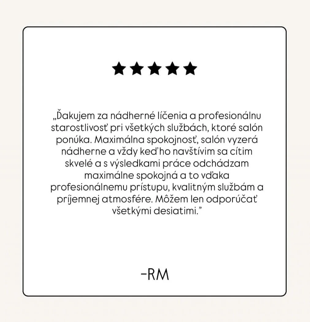 A framed thank you note with five black stars at the top, written in Slovak or Czech, praising a salon for professional service, excellent treatments, and friendly atmosphere, signed with initials 'RM'.