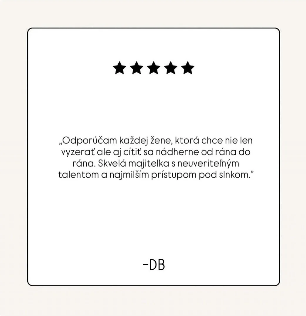 A five-star review with a quote in Slovak and initials 'DB' at the bottom, set against a light background.